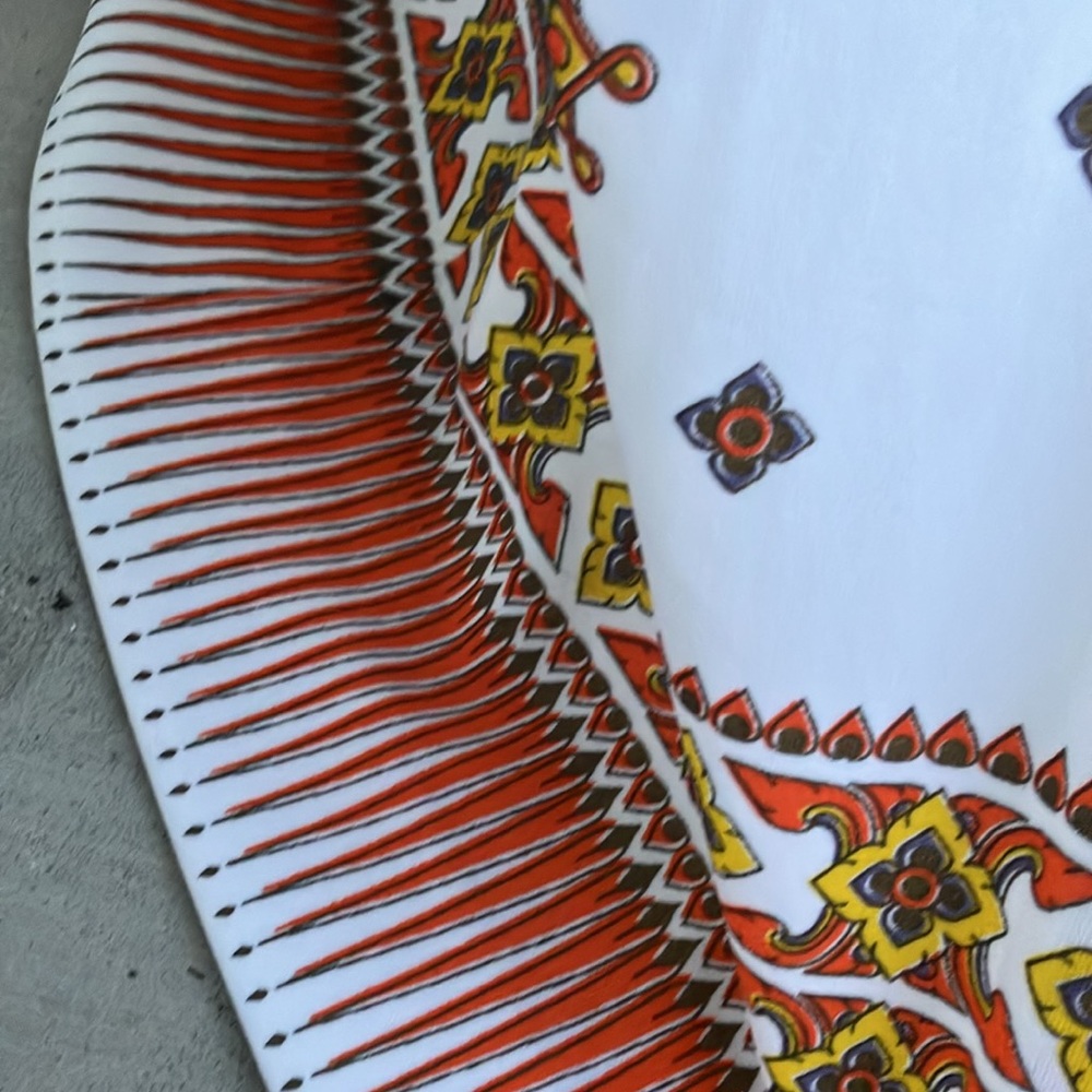 Vintage 60s 70s Alfred Shaheen Geometric Border Print White & Orange Maxi Dress - Picture 6 of 11